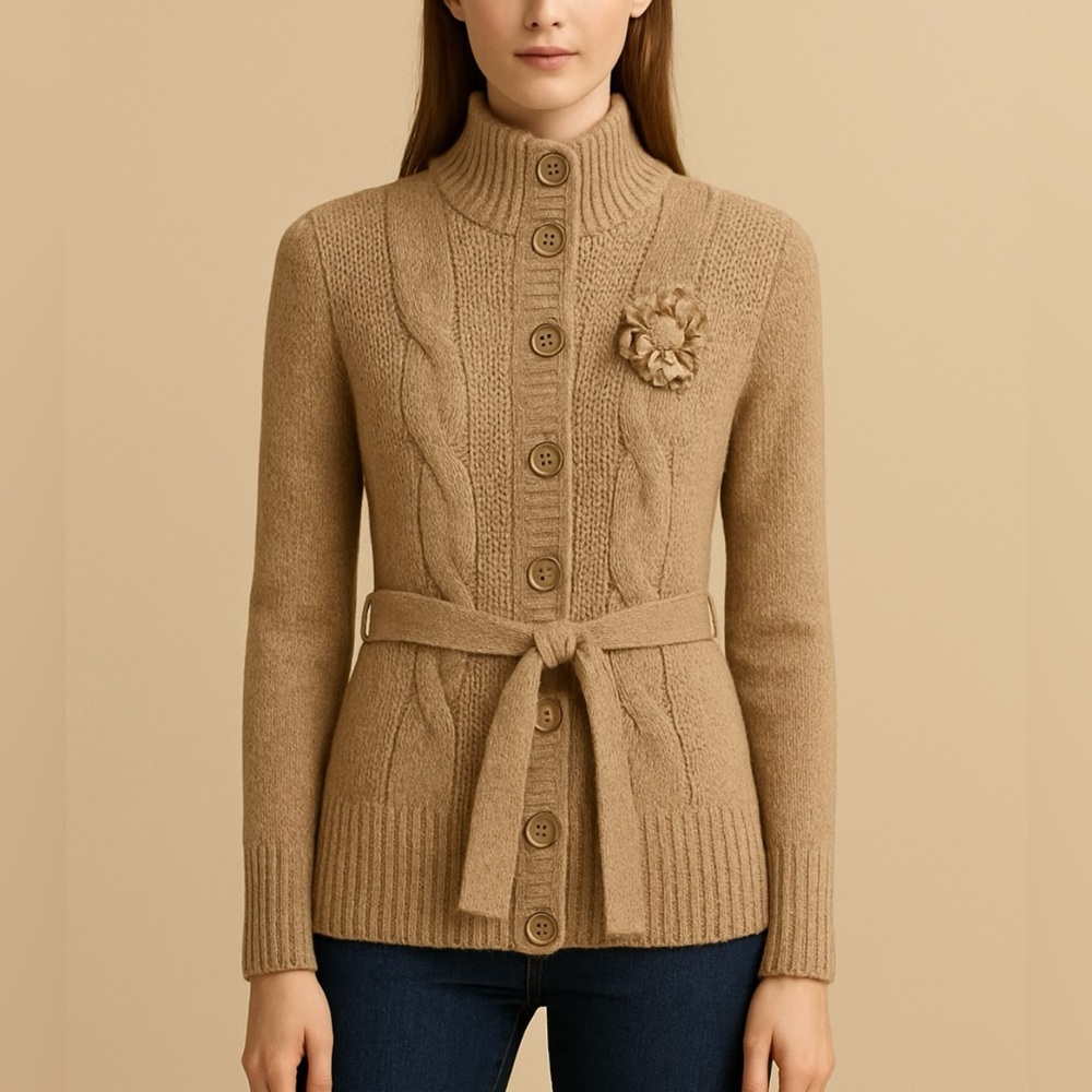 Chaber | long wool cardigan with floral brooch